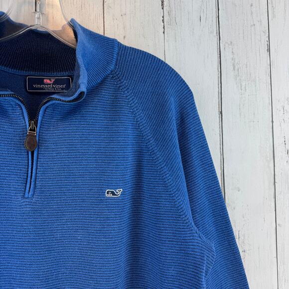 Vineyard Vines Navy Blue Stripe 100% Cotton Quarter-Zip Pullover Size Medium - Picture 2 of 13